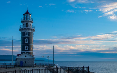 Lighthouse in the Baikal harbor. Located on the banks of the mouth of the Turka River