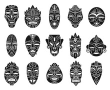 Idol Mask. Monochrome Black Hawaii Tiki Tahitian Ritual Totem, Exotic Traditional Culture Antique Mythology, Ethnic Ornament Vector Masks. Ceremonial African Tribal Mask Shaped After Human Face