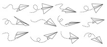Paper Airplane. Outline Flying Planes From Different Angles And Direction With Dotted Track, Travel Or Message Symbols, Linear Vector Set. Curved Route With Aircraft For Mail Delivery