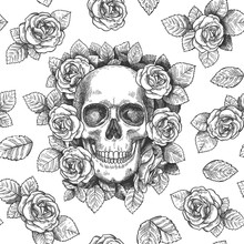 Skull With Flowers. Sketch Skulls With Roses Gothic Artwork, Repeat Graphic Print Wallpaper, Textile Texture Seamless Vector Pattern. Foliage And Plants With Scary Face, Frightening Dead Head