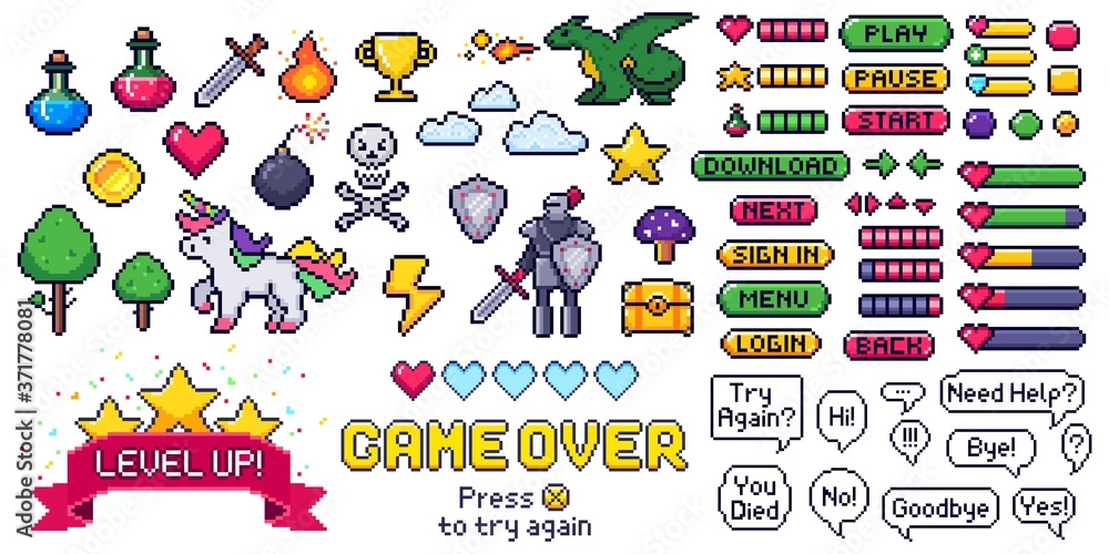 Pixel game elements set. Digital life bars and menu button as menu, stop and play. Speech bubbles with message. Objects as heart and coin, trophy and fire, cloud and bomb vector illustration - obrazy, fototapety, plakaty 