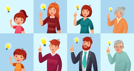 Wall Mural - People have solution, ideas lamp bulb metaphor. Girl and boy, teenagers, male and female office workers brainstorming, generating ideas. Old grandfather and grandmother vector illustration