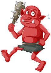 Wall Mural - Red goblin or troll holding hunting tool in cartoon character isolated