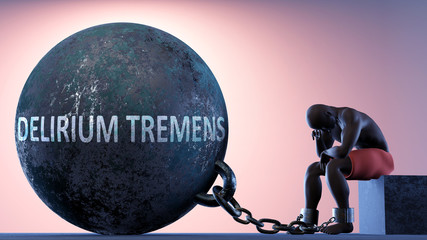 Wall Mural - Delirium tremens as a heavy weight in life - symbolized by a person in chains attached to a prisoner ball to show that Delirium tremens can cause suffering, 3d illustration