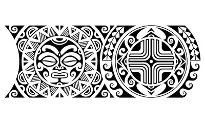 Wall Mural - Maori polynesian tattoo border tribal sleeve seamless pattern vector with sun face. Samoan bracelet tattoo design fore arm or foot. Armband tattoo tribal.