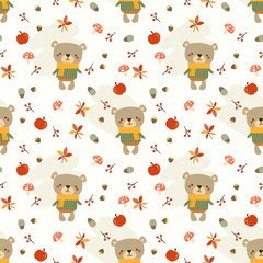 Wall Mural - Cute bear and autumn leaves seamless pattern.