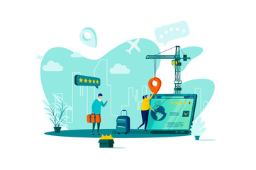 Poster - Booking concept in flat style. Tourists planning trip with online web service scene. Ticket orders, hotel search and reservation banner. Vector illustration with people characters in work situation.