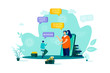 © alexdndz - Customer support concept in flat style. Client talking with support operator scene. Call center service, hotline consultation web banner. Vector illustration with people characters in work situation.