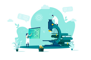 Aufkleber - Medical laboratory concept in flat style. Scientist doing research with microscope scene. Biotechnology industry, patient diagnosis web banner. Vector illustration with people characters in situation.