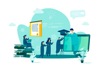 Aufkleber - Online education concept in flat style. Graduating student gets diploma online scene. Distance learning service, professional courses banner. Vector illustration with people characters in situation.