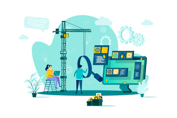 Aufkleber - Software testing concept in flat style. Engineer debugging web application scene. Software testing and quality assurance, search of bugs banner. Vector illustration with people characters in situation