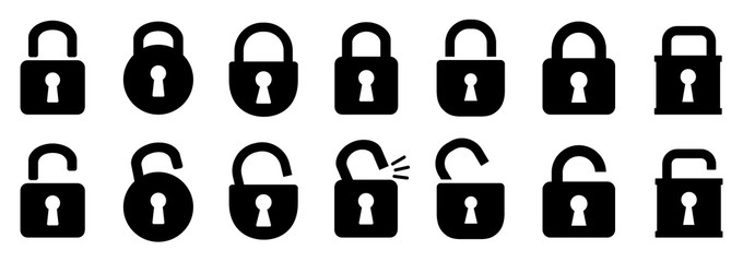 Set open and closed padlock icons, security check sign. Locks signs set. Locked and unlocked lock. Digital protection and security data concept – stock vector