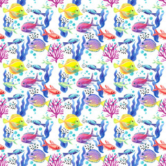  underwater life pattern, watercolor fishes pattern design, ocean wildlife elements