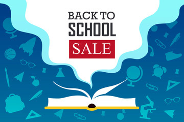 Wall Mural - Back to school sale banner. Background with text. Open book.  Vector illustration back to school.