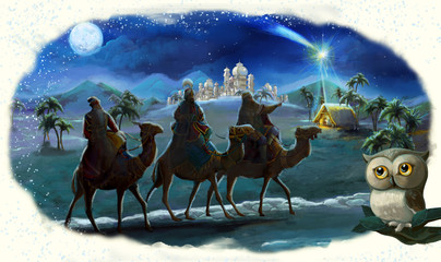 cartoon illustration of the holy family and three kings and owl - illustration