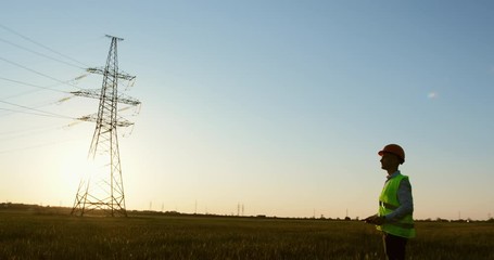 Wall Mural - a man in an orange safety helmet stands with a tablet in his hands and looks at a high-voltage power