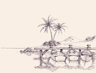  Wharf drawing, empty boats and palm trees on sandy beach