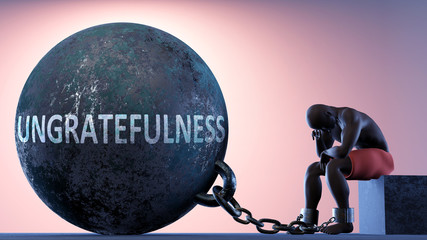 Wall Mural - Ungratefulness as a heavy weight in life - symbolized by a person in chains attached to a prisoner ball to show that Ungratefulness can cause suffering, 3d illustration