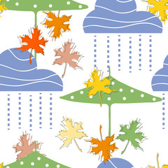 Poster - Clouds and rain, umbrellas and fall leaves flying up in the sky pattern