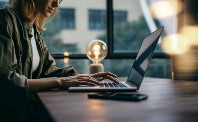 Young woman working with a laptop. Female freelancer connecting to internet via computer. Businesswoman at work