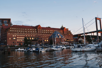 Wall Mural - Bridge and harbor landscape, waterfront building