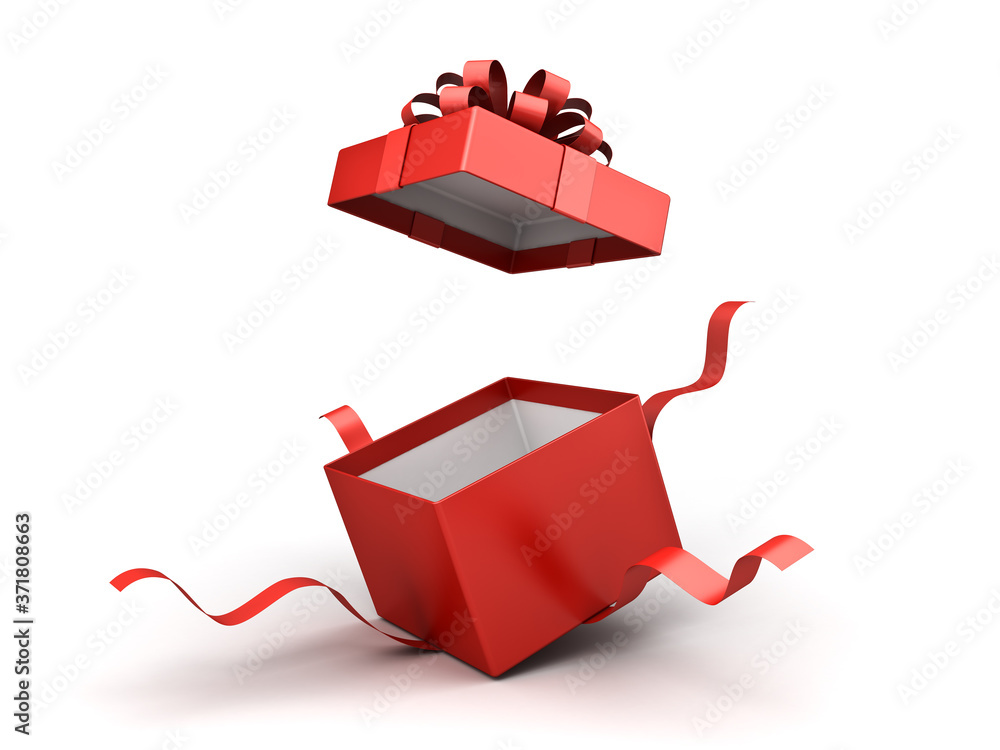 Open red gift box or present box with red ribbon bow isolated on white ...