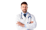 Fototapeta Na drzwi - Male doctor standing with arms crossed at isolated white background