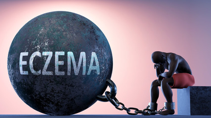 Wall Mural - Eczema as a heavy weight in life - symbolized by a person in chains attached to a prisoner ball to show that Eczema can be a sorrow, brings suffering and it is a psychological burden, 3d illustration