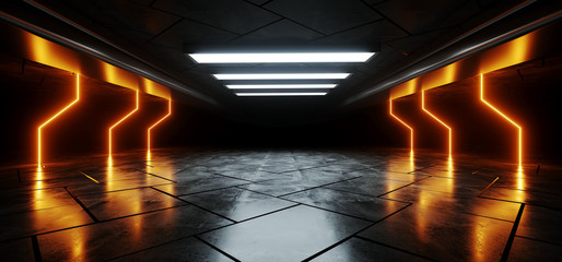 sci fi modern alien neon laser orange lights spaceship concrete cement floor warehouse way entrance 