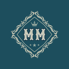 Monogram MM letters - concept logo template design. Crest heraldic luxury golden emblem. Initials M & M. Vector illustration. 