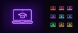 © Дмитрий Майер - Neon online education icon. Glowing neon webinar sign, digital study on laptop