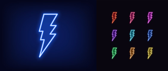 Wall Mural - Neon lightning icon. Glowing neon electric thunderstorm sign, electrical discharge