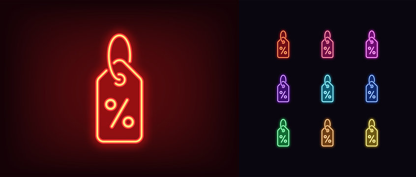 Neon discount icon. Glowing neon discount tag with percent sign, product sale