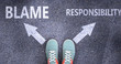 © GoodIdeas - Blame and responsibility as different choices in life - pictured as words Blame, responsibility on a road to symbolize making decision and picking either one as an option, 3d illustration