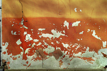 Canvas Print - Empty old art texture of plaster brick wall. Painted bad scratched surface in fissures of painted stucco of stone brick wall with petal texture. rubbed facade of building with damaged plaster