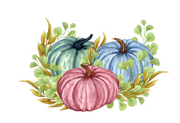 Wall Mural - Watercolor illustration, floral pumpkins, Halloween clip art, autumn design elements, fall, holiday clip art isolated on white background