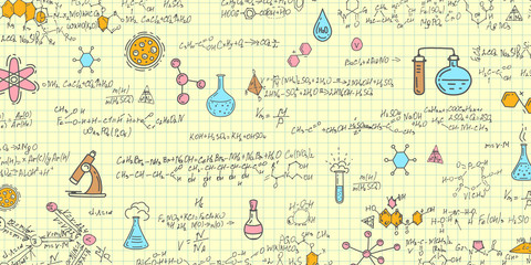 School chemical formulas .Notebook school paper.Handwritten formulas background.Letters and numbers .Vector illustration.	