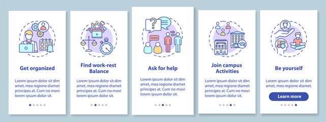 Wall Mural - student selfcare onboarding mobile app page screen with concepts. college life walkthrough 5 steps g
