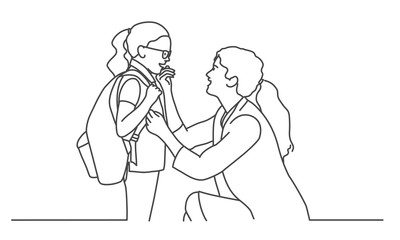Wall Mural - Mom takes her daughter to school. Line drawing vector illustration.