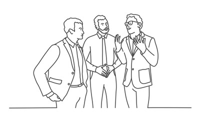 Sticker - Three businessmen talking to each other. Line drawing vector illustration.