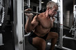 © amixstudio - Muscular adult brutal man doing barbell squats in the gym. Portrait of caucasian authentic bodybuilder doing workout exercises