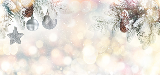 Aufkleber - Fir tree branch with christmas decor covered with snow