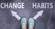 Change and habits as different choices in life - pictured as words Change, habits on a road to symbolize making decision and picking either Change or habits as an option, 3d illustration