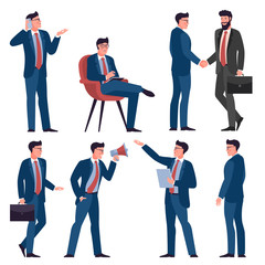 Wall Mural - Set of flat design young businessman characters. Various poses, gestures and everyday activities. Working, chatting, phonning, working and showing different emotions.