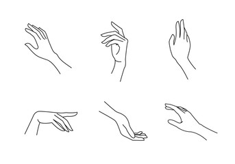 Woman's hand in line art style. Female hands different gestures vector illustration