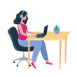 © mejorana777 - Programmer woman working at laptop. Developer sitting at the table writing program code on computer. Working at home. Vector illustration