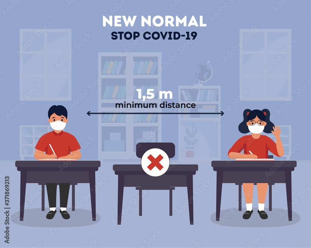 Social distancing at school illustration. new normal at school. Back to ...