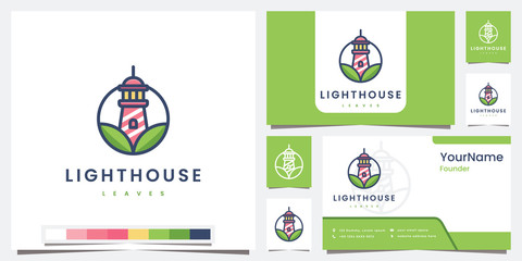 Wall Mural - set logo lighthouse natural leaves with color version logo design inspiration