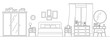 © Irina - Cozy bedroom with furniture line art interior scene isolated on white background. Home room with black silhouete of bed wardrobe nightstands mirror lamp in linear style. Vector illustration.