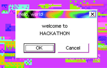 Poster - Retro user interface with message box and glitched pixels around it. Vaporwave and cyberpunk style illustration.
